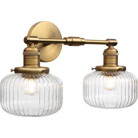 Industriel 2-Lumières Applique Murale E27 Luminaires Intérieur Abat-jour en Verre Côtelé Ø16CM Lampe Murale pour Salon,Cuisine, Salle de bain,Miroir (1/5)