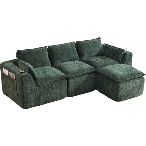 Divano modulare 3 posti con pouf, ciniglia verde scuro, cuscini e portabicchieri (1/5)