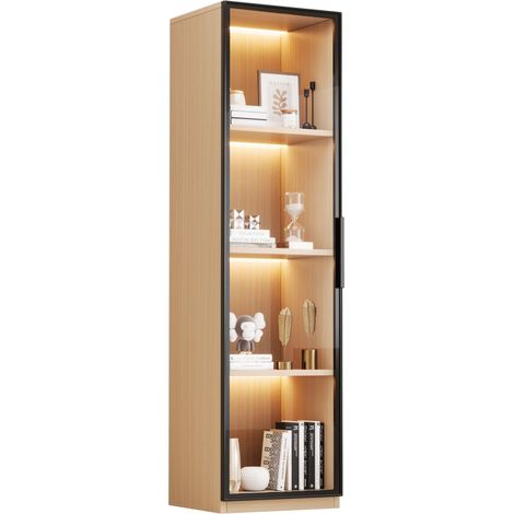 Vitrine avec porte en verre – 40×40×165 cm, colonne étroite en MDF aspect chêne, avec verre trempé, éclairage LED et charnières à fermeture douce (1/5)