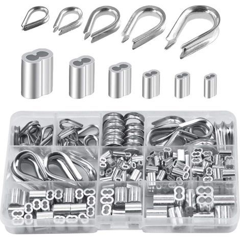 Pack of 250 aluminum wire rope lugs in 6 different sizes - Assortment of double barrel sleeves and 5 sized lugs for wire rope (1/5)