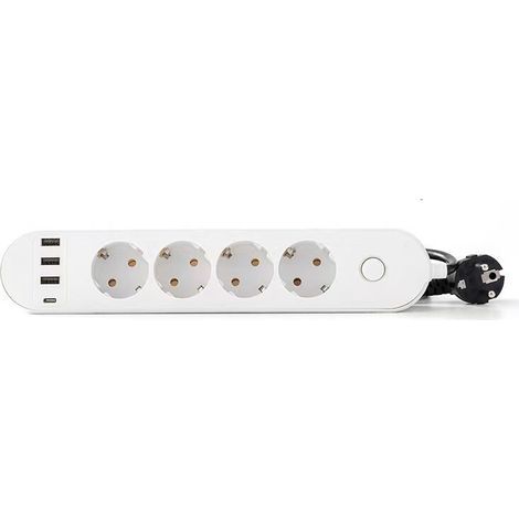 Multiprise 4 Prises 16A + 4 USB (3 USB A + 1 USB C PD20W) avec Interrupteur, Câble 2M, Blanc