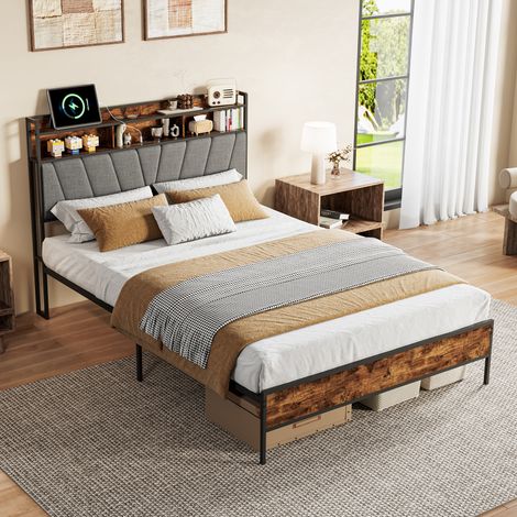 Comanlai - Lit Double 160x200 cm Industriels avec Éclairage LED, Station de Recharge USB/Type-C, Lit Adulte 2 Places Lit avec Rangement - Lin - Marron (1/5)