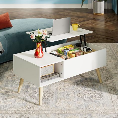 Table basse réglable en hauteur et extensible, table de salon avec grand compartiment de rangement dissimulé, plateau relevable, table basse pour bureau, 50 x 100 cm, table d'appoint, blanche (1/5)