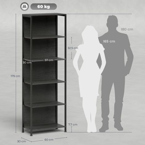 Bibliothèque 5 étagères lumineuse LED, 7 teintes d'éclairage, meuble de rangement pour séjour, 60x30x179 cm, finition noire élégante (1/5)