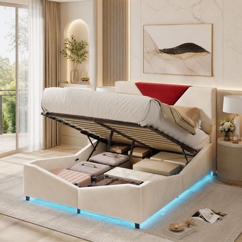 Lit coffre 140×200 cm avec lumière LED,lit capitonné,rangement hydraulique,lit double,style moderne,cadre de lit 140×200,design triangulaire,sommier à lattes,lit adulte,lit ados,Velours,Beige (1/5)