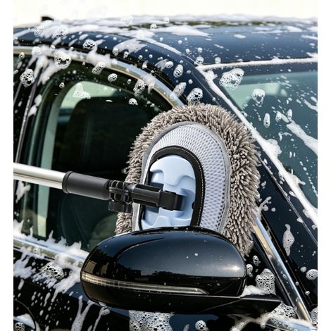Brosse de lavage voiture rétractable tête rotative 180°, poils chenille microfibre, usage sec et humide, sans rayure peinture, livrée avec deux lingettes de rechange pour l’entretien automobile (1/5)