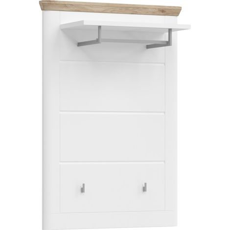 Perchero de pared CAMPAGNA blanco y roble – 3 ganchos y estante, estilo campestre