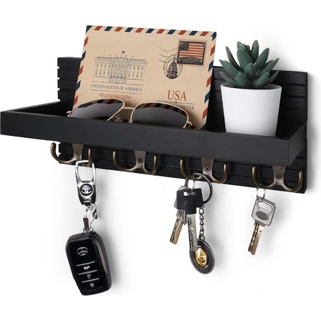 Porte-clés et courrier mural en bois avec 4 crochets, pour salon, salle de bain et entrée, noir (1/4)