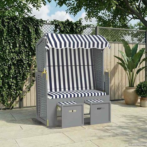 vidaXL Silla playa Strandkorb con dosel ratán PE y madera azul blanco (1/5)