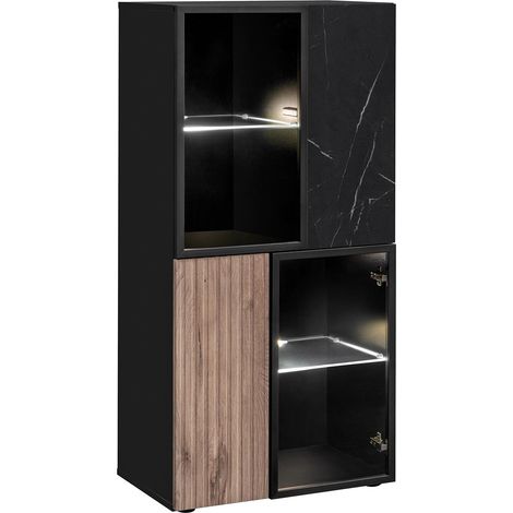 Vitrine 4 Portes "Cannes" 122cm Noir & Naturel (1/4)
