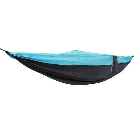 Hamac double en nylon 210T avec mousqueton et boucle en acier pour le camping, utilisable en extérieur et en intérieur. Coloris bleu ciel et gris foncé. (1/5)