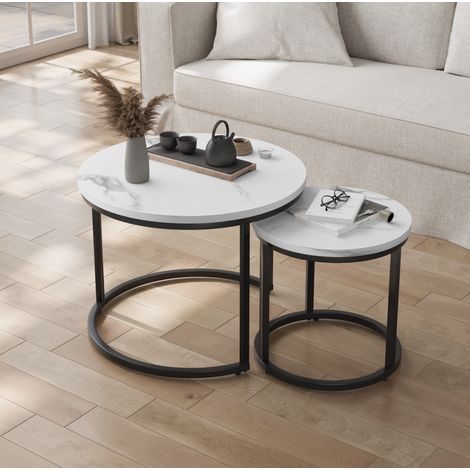 Table basse gigogne 60x60x45 cm en bois et métal blanc, gain de place pour salon moderne FloraGrace (1/5)