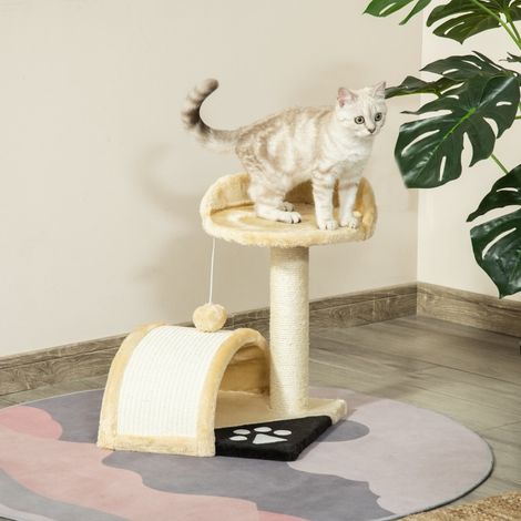 Rascador para gatos (35.5x37x46 cm), con postes de sisal, poste de juego, plástico suave, beige (1/5)