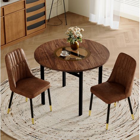 Ensemble table chaises ronde 100 cm en MDF effet bois, 2 chaises marron DESVIAE (1/5)