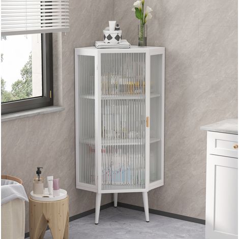 Mobile angolare autoportante 3 livelli in metallo e vetro temprato 56 x 42,5 x 110 cm bianco HAVRYA (1/5)