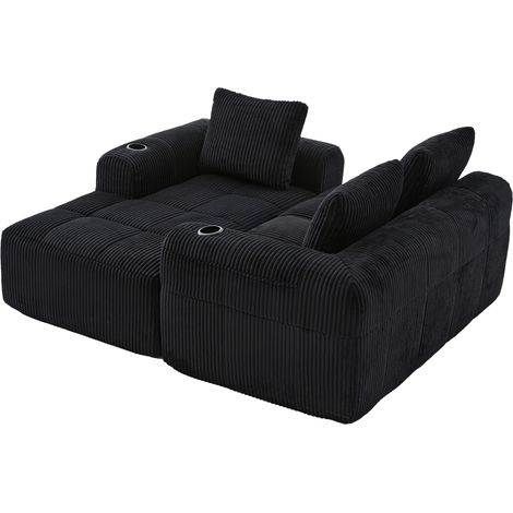 Canapé compact en velours côtelé avec poche latérale et porte-gobelet, 253 x 158 x 61 cm, noir (1/5)