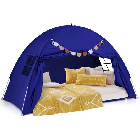 COSTWAY Tenda per Letto Matrimoniale a Castello per Bambini, Tenda Pieghevole e Portatile con 2 Finestre e Bandiere, Tenda da Gioco per Bambini 3 Anni+ (Navy) (1/5)