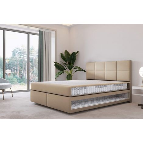 Lit adulte 160x200 cm MALLORCA - lit suspendu avec matelas ressorts ensachés et matelas bonnell - tissu velours – beige (1/4)