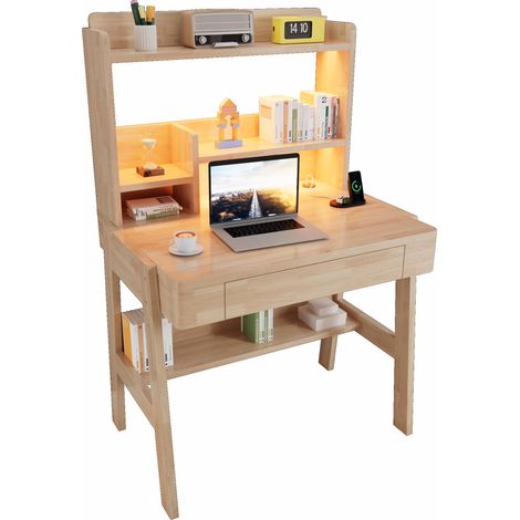 Table pour enfants, bureau pour enfants réglable en hauteur en bois massif, couleur naturelle, avec barre lumineuse LED, port USB, tiroir et espace de rangement, adapté aux enfants à partir de 6 ans (1/5)