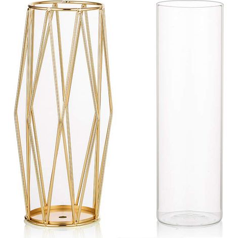 Vase pour herbes de la pampa, vase haut en verre doré avec support géométrique en métal, pot de fleurs pour décoration scandinave, centre de table pour bureau ou mariage (1/5)