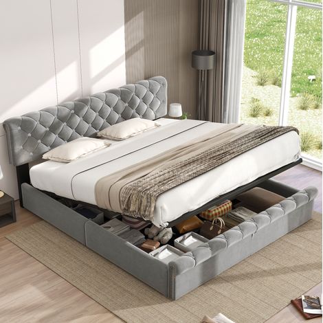 Letto a cassone adulti 160x200 cm con testiera regolabile in altezza, rete a doghe in legno, in velluto, senza materasso, grigio (1/4)