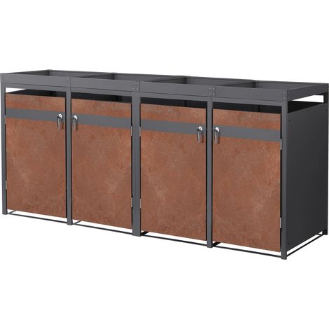 ML-Design Copribidone per 4 Bidoni di Spazzatura con Tetto a Fioriera 240L 264x80x124 cm Antracite Effetto Ruggine Acciaio Contenitore per Pattumiera Copri Bidone per Rifiuti con 4 Porte e Serratura