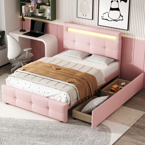 Bett Einzelbett mit Stauraum 90x200 LED Rosa OKMYHOME (1/5)