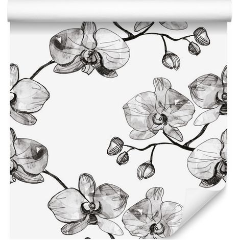 Papel pintado de orquídeas con flores y motivos naturales para salón y dormitorio, 50x1000 cm. (1/5)