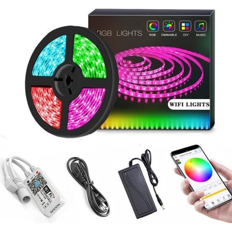 Molyqiu® Ruban à Led Connectée WiFi 15M 450 LEDs 5050 RGB Étanche IP65 OT03 Kit Bande Multicolore Flexible avec Télécommande (1/4)
