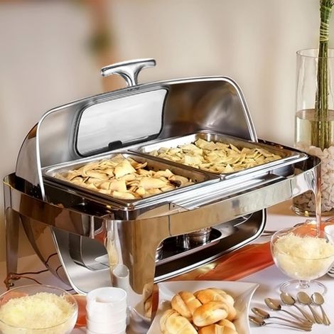 Chafing dish buffet 9 Qt en inox alimentaire avec couvercle roll-top – chauffe-plats pro pour traiteur, mariages & fêtes – bac GN 1/1 inclus, charnière renforcée – 11/1 food pan (1/5)