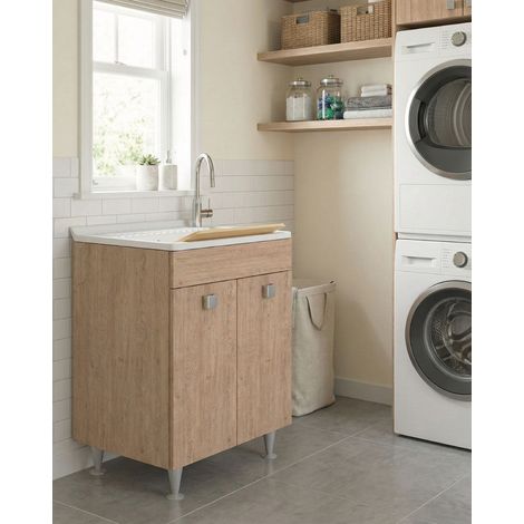 Mobile lavatoio Irene - Con 2 anta e lavatoio - Contenitore salvaspazio per bagno e lavanderia - Virginia - 60 x 89 x 51 cm (1/3)