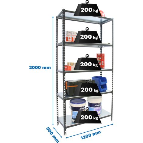 SimonRack Scaffale Portaoggetti, 2000x1200x500 mm, 5 Ripiani, Portata 200 kg per Ripiano, Metallo, Scaffale da Garage, Antracite/Bianco – Simonclick