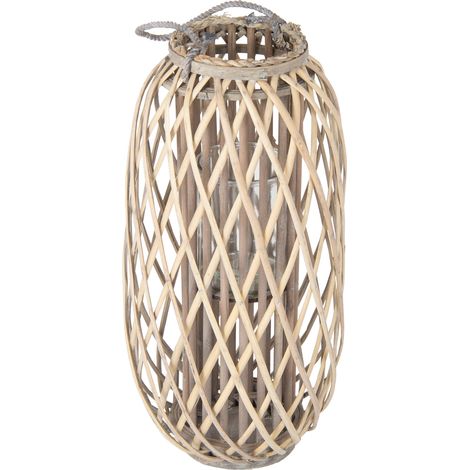 ECD Germany Lanterna Ried 60 x Ø30 cm Portacandele con Manico Legno Naturale Grigio / Marrone Vimini con Inserto in Vetro Retrò Intrecciata a Mano Portacandela per uso Esterno da Giardino