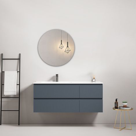 Mobile bagno sospeso cannettato 120 cm Blu Mare Lavabo a Sinistra in Ceramica Specchio Tondo - Fiji Paint (1/4)