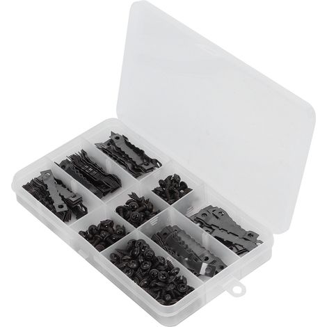Lot de 100 crochets à dents de scie pour cadres + 200 vis noires - Kit de fixation pour tableaux, photos, 2 trous (1/5)