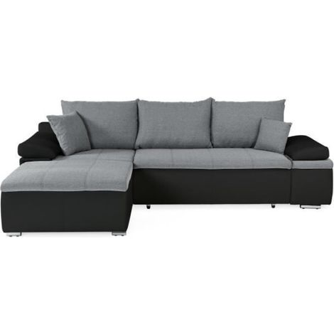 Canapé d'angle réversible convertible 3 places+Coffre - Simili noir et tissu gris - L 274 x P 184 cm - CELINA - Fabriqué en U (1/5)