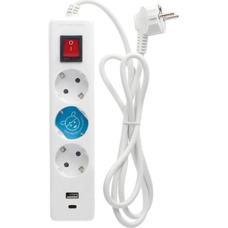 Base multipla 3T+USB C+A con interruttore (3x1,5mm) con cavo da 1,4m in polipropilene bianco
