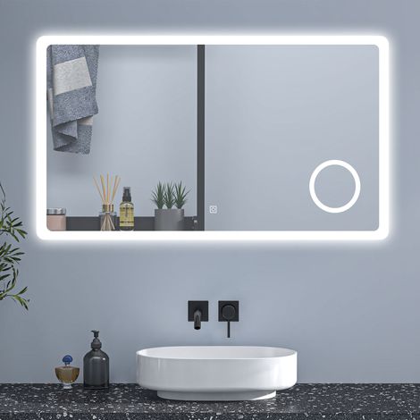 OCEAN Specchio da bagno 120x70cm con LED,Lente d'ingrandimento,3 colori,Dimmerabile, Antiappannamento,Memoria,IP44, Vetro HD (1/5)