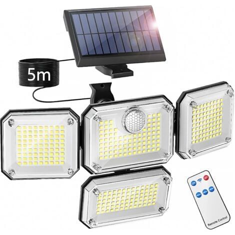 Lampe solaire d'extérieur avec détecteur de mouvement, projecteur LED de sécurité étanche IP65, 3 modes d'éclairage et 4 têtes d'éclairage réglables (1/5)