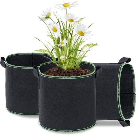 Pflanzsäcke, 3er-Set, Vlies-Pflanzsäcke, Pflanzsäcke, Gartensäcke mit Griffen und Gurten, Belüftungsgewebe für Töpfe, Schwarz – 3 Gallonen