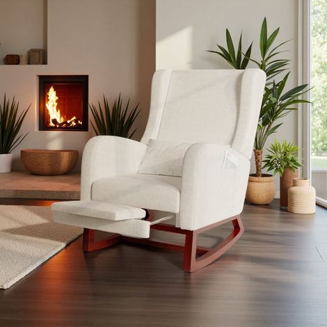 Skandinavischer Schaukelstuhl 1 Platz beige aus massivem Holz und Leinen mit ausziehbarem Fußstütze