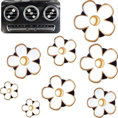 Lot de 8 accessoires d'intérieur de voiture - Motif marguerites - Désodorisant de voiture à clip - Décoration d'intérieur - Pour femme - Blanc (1/5)
