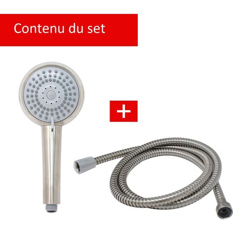 Pommeau de douche rond, kit douchette à main orientable, Schulte, inox brossé