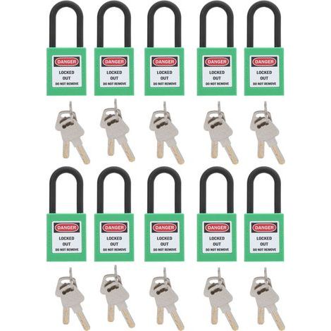Cadenas de sécurité industriels antipoussière – Lot de 10, diamètre 38 mm, couleur verte, pour isolation sur chantiers, usines et hôpitaux (1/5)