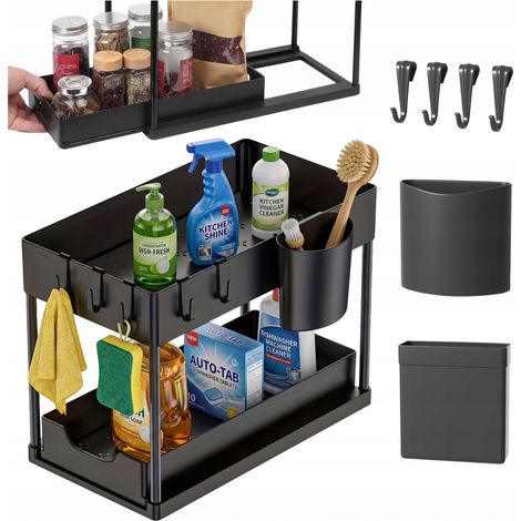 Organizador de estantes de 2 niveles para debajo del fregadero, gancho extensible de dos niveles. (1/5)