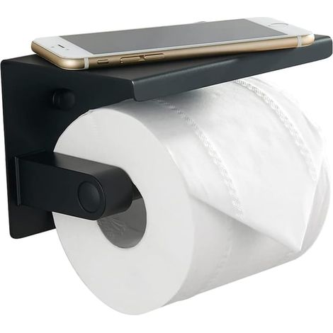 royaluxe - Porte-papier toilette noir, porte-rouleau de papier toilette en acier inoxydable 304 avec étagère pour téléphone, support mural pour papier toilette (1/5)