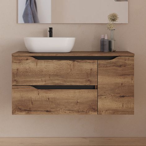 Meuble de salle de bain 100cm avec plateau et vasque à poser déportée à gauche Zeus - sans miroir - 2 tiroirs et un placard - tabaco (bois foncé) - ZARZA