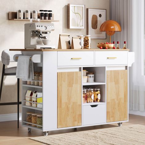 Îlot de cuisine mobile 120x71x90 cm, desserte à roulettes avec plateau rabattable, 3 tiroirs, étagère à épices et rangements, MDF FSC Blanc (1/5)