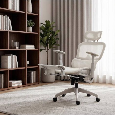 Sedia ufficio ergonomica in mesh, schienale reclinabile 135°, poggiatesta regolabile, beige (1/5)