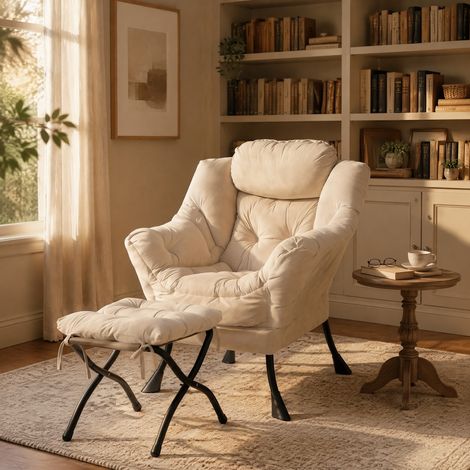 Poltrona relax con poggiapiedi e cuscino, rivestimento beige, struttura metallica OKWISH (1/5)